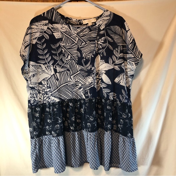 Weekend Suzanne BETRO woman semi sheer blue/white pattern short sleeve blouse XL - Picture 1 of 4